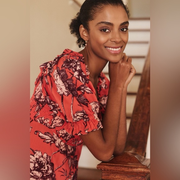 By Anthropologie Puff-Sleeve Smocked Floral Midi Dress Size Large Red - Picture 3 of 8